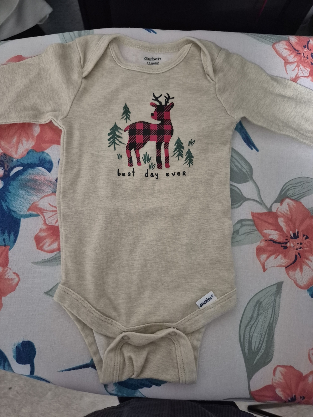Gerber Beige Baby One-Piece with Red Buffalo Plaid Reindeer